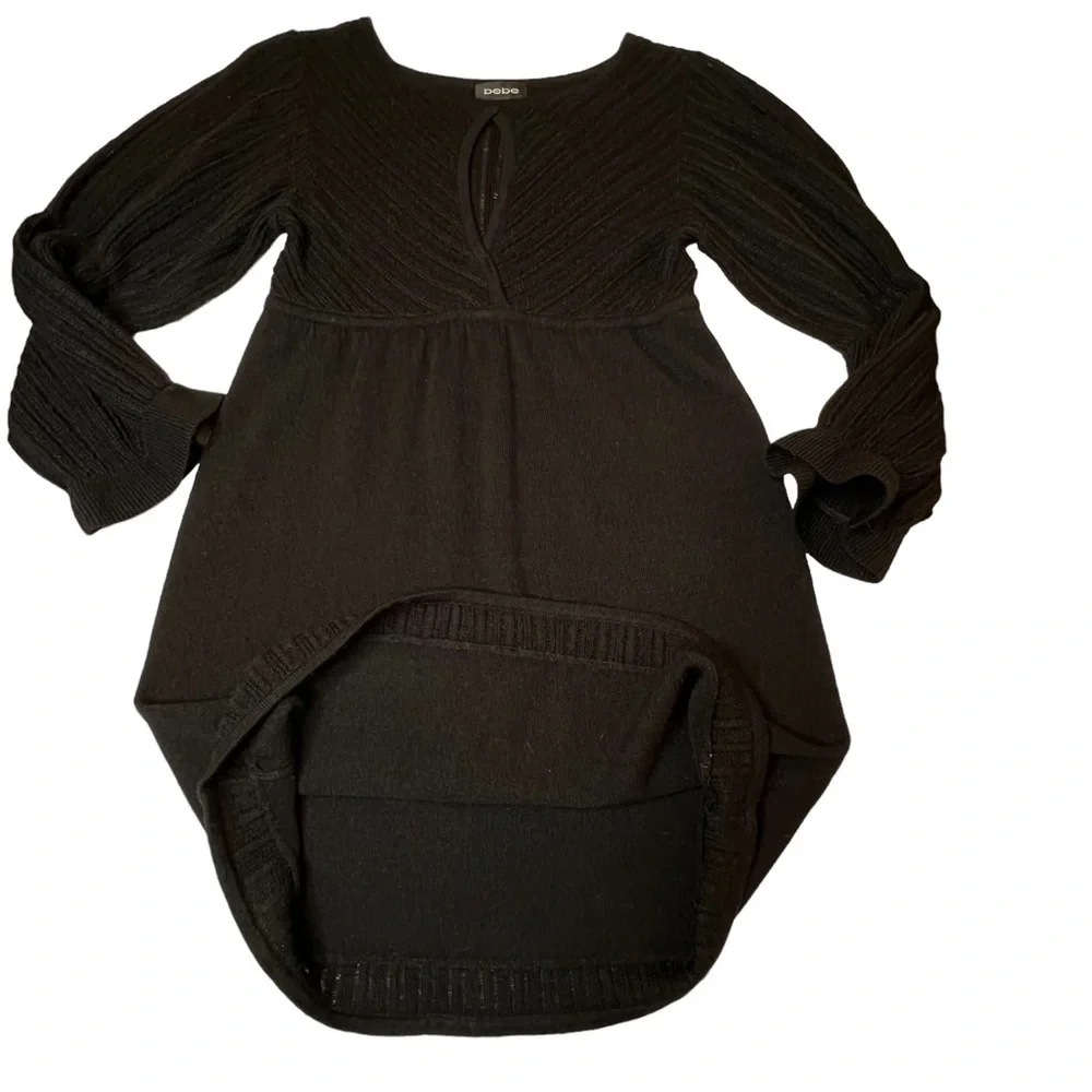 BEBE Black Knit Long Puff Sleeves Front Keyhole Dress LBD Size M